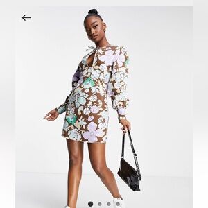 ASOS DESIGN twill mini dress with keyhole in 60s floral print size 0